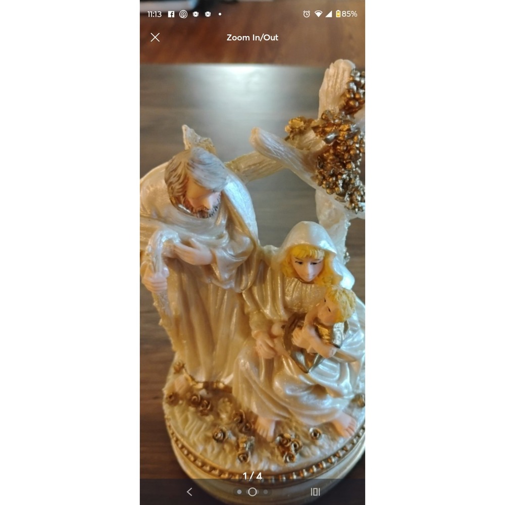 Porcelain White And Gold Holy Family Music Figure. 8 Inches . Plays Silent Night